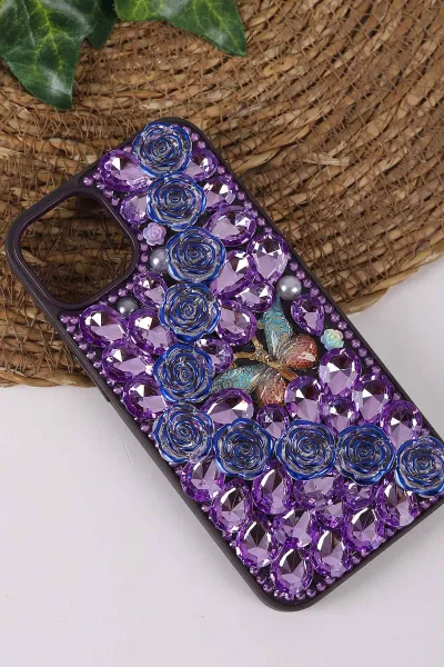 Mor TeknoCase İPhone 13 Uyumlu Daisy Case Serisi Taşlı Vakumlu Sert Silikon Telefon Kılıfı 431027