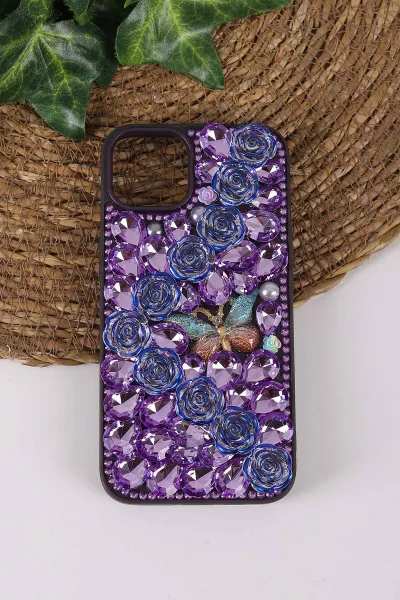 Mor TeknoCase İPhone 13 Uyumlu Daisy Case Serisi Taşlı Vakumlu Sert Silikon Telefon Kılıfı 431027