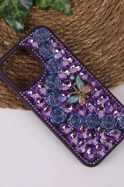 Mor TeknoCase İPhone 14 Pro Max Uyumlu Daisy Case Serisi Taşlı Vakumlu Sert Silikon Telefon Kılıfı 431050
