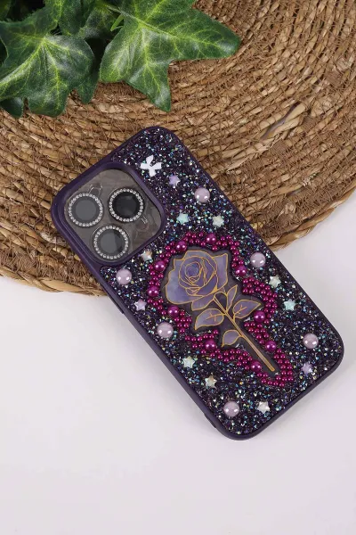 Mor TeknoCase İPhone 14 Pro Uyumlu Afra Diamond Case Serisi Lens Hediyeli Premium Sert Silikon Telefon Kılıfı 430514