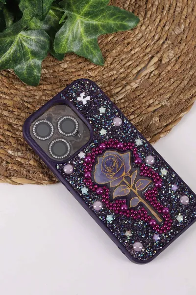 Mor TeknoCase İPhone 15 Pro Max Uyumlu Afra Diamond Case Serisi Lens Hediyeli Premium Sert Silikon Telefon Kılıfı 430536