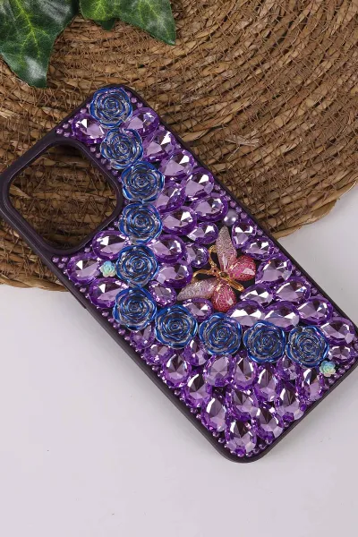 Mor TeknoCase İPhone 15 Pro Max Uyumlu Daisy Case Serisi Taşlı Vakumlu Sert Silikon Telefon Kılıfı 431078
