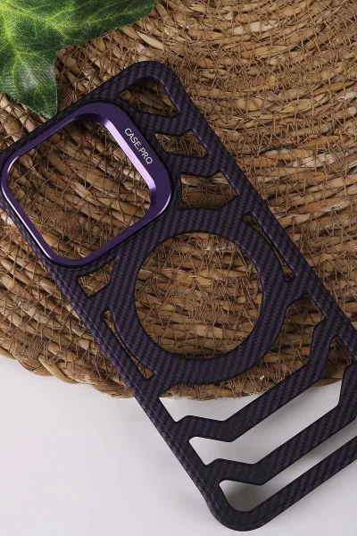 Mor TeknoCase İPhone 15 Pro Uyumlu Creative Fiber Case Serisi Lens Hediyeli Vakumlu Sert Silikon Telefon Kılıfı 430911