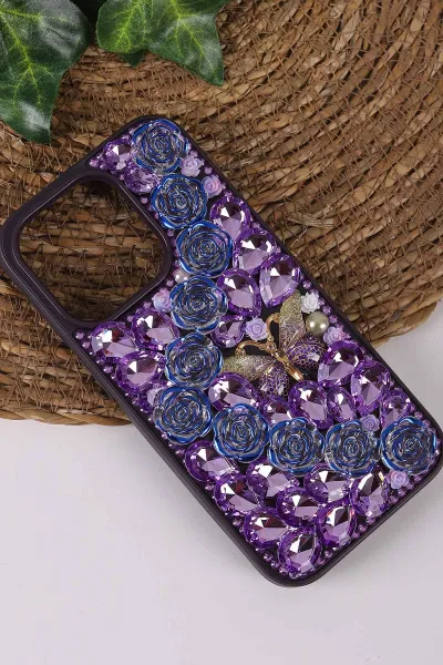 Mor TeknoCase İPhone 15 Pro Uyumlu Daisy Case Serisi Taşlı Vakumlu Sert Silikon Telefon Kılıfı 431070