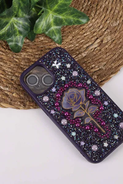 Mor TeknoCase İPhone 15 Uyumlu Afra Diamond Case Serisi Lens Hediyeli Premium Sert Silikon Telefon Kılıfı 430525