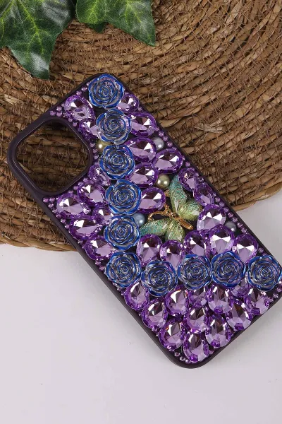 Mor TeknoCase İPhone 15 Uyumlu Daisy Case Serisi Taşlı Vakumlu Sert Silikon Telefon Kılıfı 431062