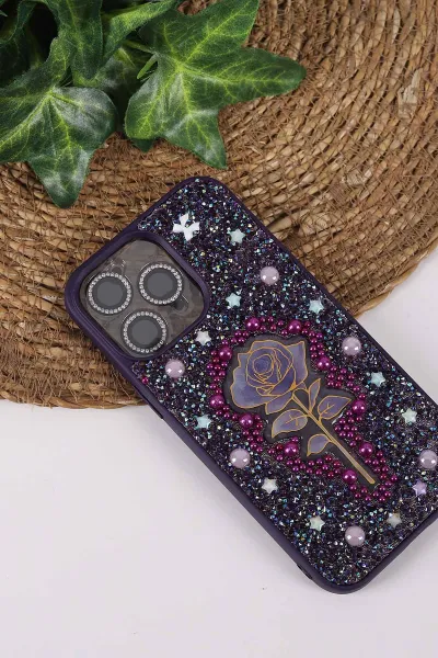 Mor TeknoCase İPhone 16 Pro Max Uyumlu Afra Diamond Case Serisi Lens Hediyeli Premium Sert Silikon Telefon Kılıfı 430551