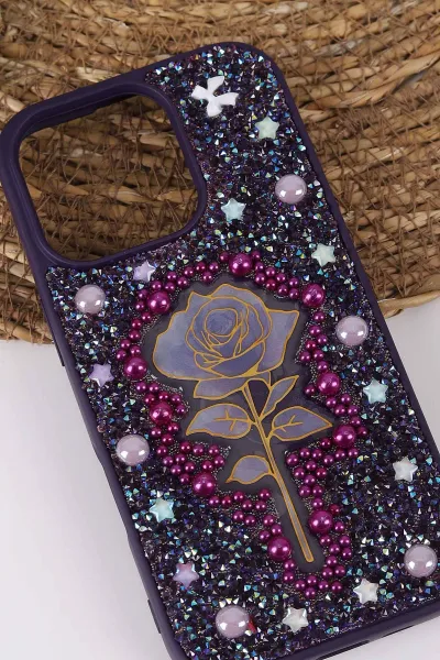 Mor TeknoCase İPhone 16 Pro Uyumlu Afra Diamond Case Serisi Lens Hediyeli Premium Sert Silikon Telefon Kılıfı 430546