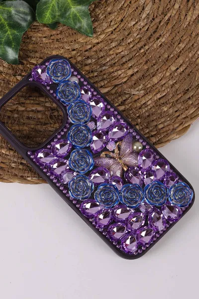 Mor TeknoCase İPhone 16 Pro Uyumlu Daisy Case Serisi Taşlı Vakumlu Sert Silikon Telefon Kılıfı 431091