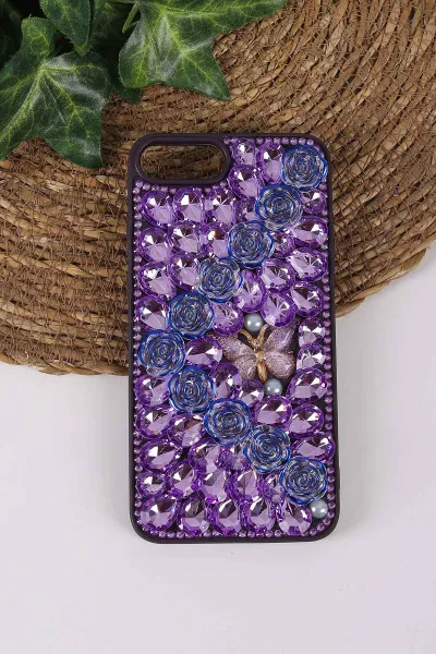Mor TeknoCase İPhone 7 Plus ve  İPhone 8 Plus  Uyumlu Daisy Case Serisi Taşlı Vakumlu Sert Silikon Telefon Kılıfı 431116