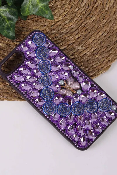 Mor TeknoCase İPhone 7 Plus ve  İPhone 8 Plus  Uyumlu Daisy Case Serisi Taşlı Vakumlu Sert Silikon Telefon Kılıfı 431116
