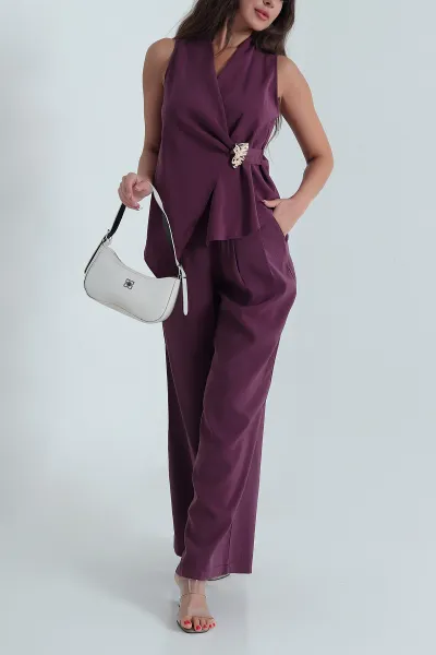 Mor Tokalı Tencel Bluz  Pantolon Kadın İkili Takım 472324