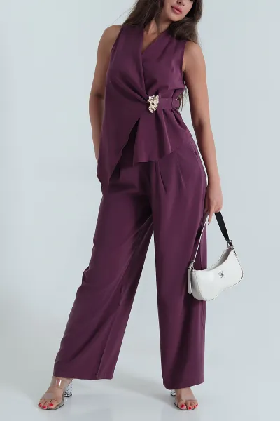 Mor Tokalı Tencel Bluz  Pantolon Kadın İkili Takım 472324