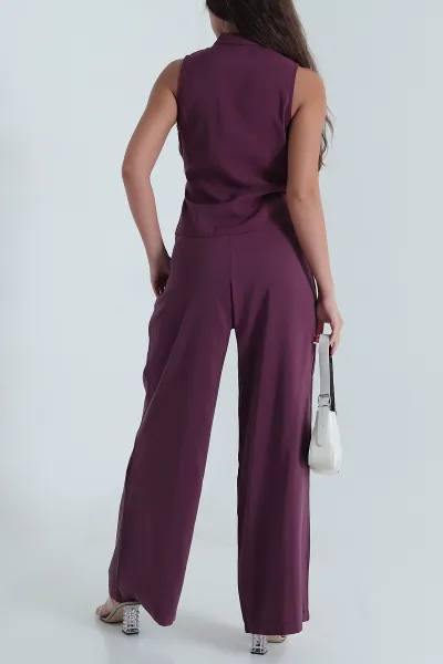 Mor Tokalı Tencel Bluz  Pantolon Kadın İkili Takım 472324