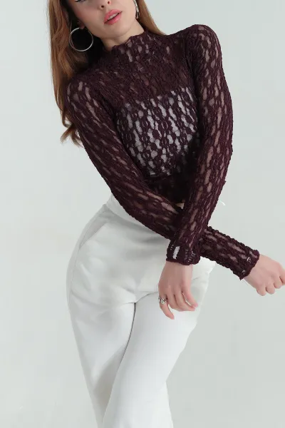 Mor Transparan Dantelli Kadın Bluz 347838