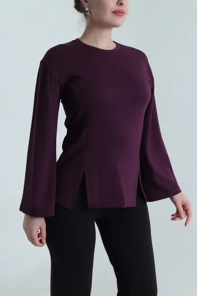 Mor Yırtmaçlı Bağlamalı Modal Kadın Bluz 493708