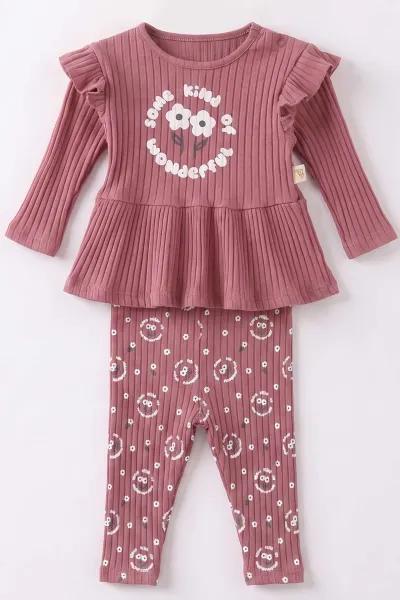 Mürdüm (0-12 Ay) Baskılı Fitilli Taytlı Yeleği Çiçek Nakışlı Kız Bebek 3'lü Takım 473272