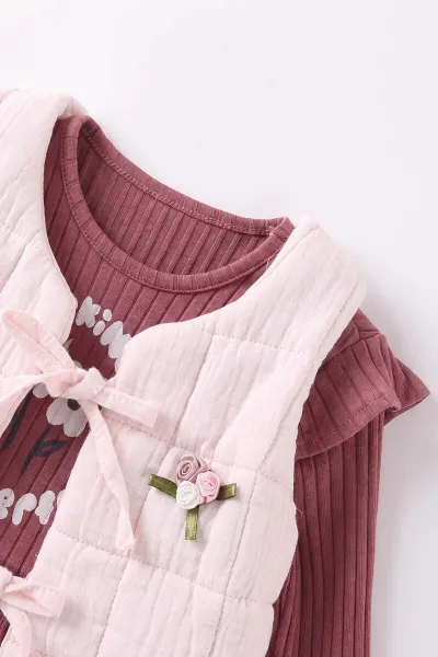 Mürdüm (0-12 Ay) Baskılı Fitilli Taytlı Yeleği Çiçek Nakışlı Kız Bebek 3'lü Takım 473272