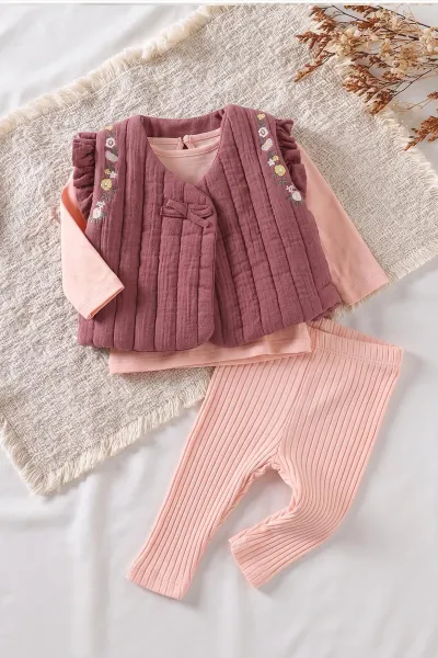 Mürdüm (0-12 Ay) Fitilli Taytlı Yeleği Çiçek Nakışlı Kız Bebek 3'lü Takım 473365