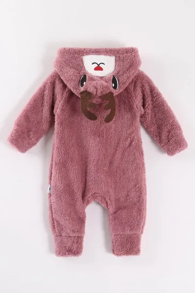 Mürdüm (0-12 Ay) Kapüşonu Geyik Nakışlı  Peluş Kız Bebek Tulum 495377