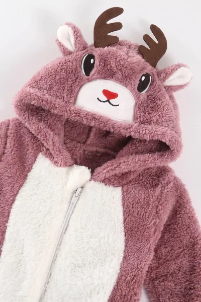 Mürdüm (0-12 Ay) Kapüşonu Geyik Nakışlı  Peluş Kız Bebek Tulum 495377