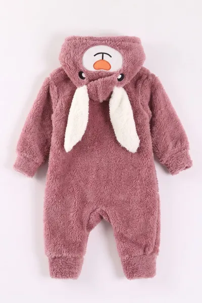Mürdüm (0-12 Ay) Kapüşonu Tavşan Nakışlı  Peluş Unisex Bebek Tulum 495384
