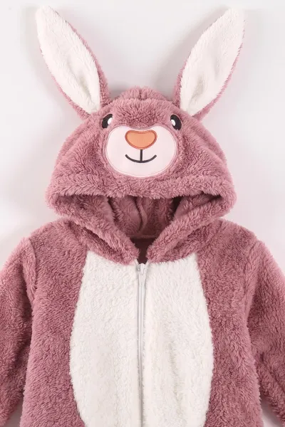 Mürdüm (0-12 Ay) Kapüşonu Tavşan Nakışlı  Peluş Unisex Bebek Tulum 495384