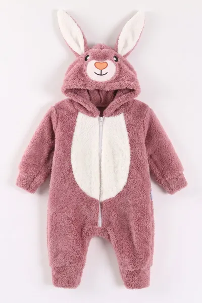 Mürdüm (0-12 Ay) Kapüşonu Tavşan Nakışlı  Peluş Unisex Bebek Tulum 495384