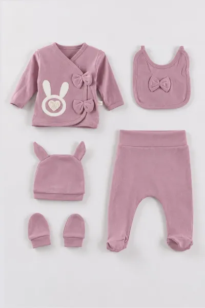 Mürdüm (0-3 Ay) Aplikeli Tavşan Nakışlı 5'li Kız Bebek Zıbın Takım 479254