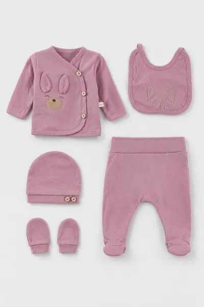 Mürdüm (0-3 Ay) Kulaklı Tavşan Nakışlı 5'li Kız Bebek Zıbın Takım 479245