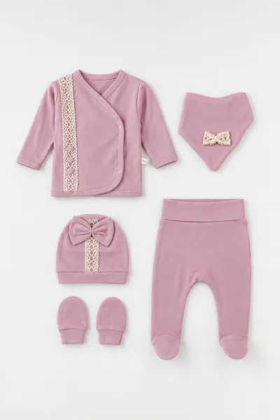 Mürdüm (0-3 Ay) Önü Fistolu 5'li Kız Bebek Zıbın Takım 479248