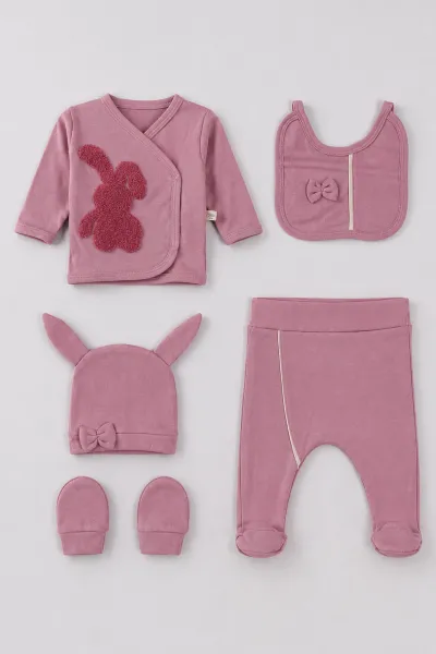 Mürdüm (0-3 Ay) Süzene Tavşan Nakışlı 5'li Kız Bebek Zıbın Takım 479263