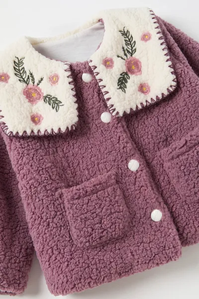 Mürdüm (0-4 Yaş) Yakası Çiçek Nakışlı  Kuzu Kız Çocuk&Bebek  Hırka 487883