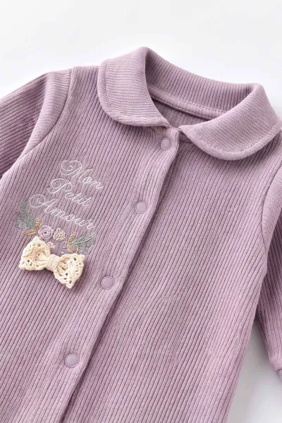 Mürdüm (0-9 Ay)  Fiyonklu Çiçek Nakışlı Waffle Kumaş Çıtçıtlı Şapkalı Kız Bebek Tulum 486986