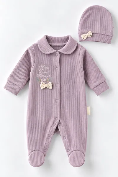 Mürdüm (0-9 Ay)  Fiyonklu Çiçek Nakışlı Waffle Kumaş Çıtçıtlı Şapkalı Kız Bebek Tulum 486986