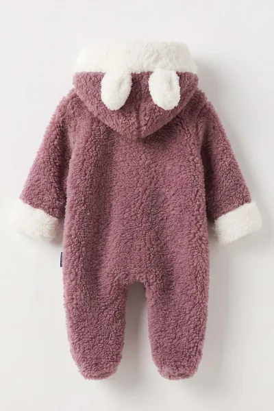 Mürdüm (0-9 Ay) Tavşan Nakışlı Kapüşonlu Peluş Kız Bebek Tulum 495667