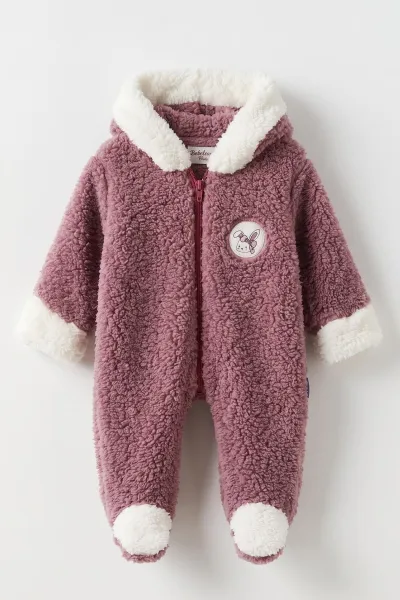 Mürdüm (0-9 Ay) Tavşan Nakışlı Kapüşonlu Peluş Kız Bebek Tulum 495667