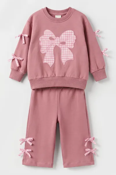 Mürdüm (1-4 Yaş) Kareli Fiyonk  Nakışlı   Sweatli  2 İp Kız Çocuk&Bebek 2'li Takım 495249