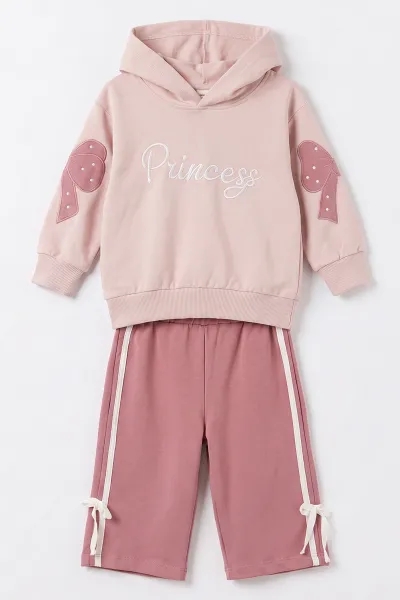 Mürdüm (1-4 Yaş) Princess Nakışlı Kapüşonlu Sweatli  2 İp Kız Çocuk&Bebek 2'li Takım 495243