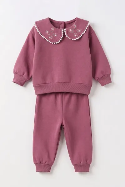 Mürdüm (1-4 Yaş)  Yaka Çiçek Baskılı 3 İp Şardonlu Kız Bebek&Çocuk Kışlık Takım 498073