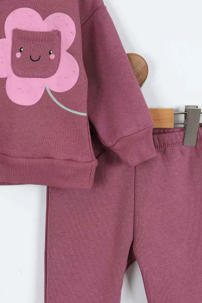 Mürdüm (1-4 Yaş)Baskılı Cep Detaylı Üç İp Şardonlu Kız Bebek & Çocuk Takım 403446