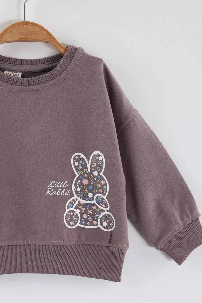 Mürdüm (1-4 Yaş)Tavşan Baskılı  Taşlı Kız Çocuk Sweatshirt 432952