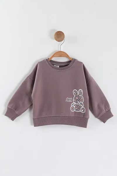 Mürdüm (1-4 Yaş)Tavşan Baskılı  Taşlı Kız Çocuk Sweatshirt 432952