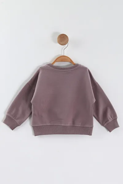 Mürdüm (1-4 Yaş)Tavşan Baskılı  Taşlı Kız Çocuk Sweatshirt 432952