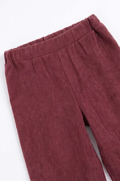 Mürdüm (1-5 Yaş) Fitilli Bodyli  Çiçek Nakışlı Kadife Yelek ve Pantolonlu Kız Çocuk 3'lü Takım 496536