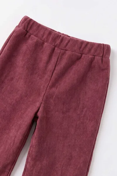 Mürdüm (1-5 Yaş) Fitilli Bodyli  Yakası Çiçek Nakışlı Peluş Yelek ve Kadife Pantolonlu Kız Çocuk 3'lü Takım 496543