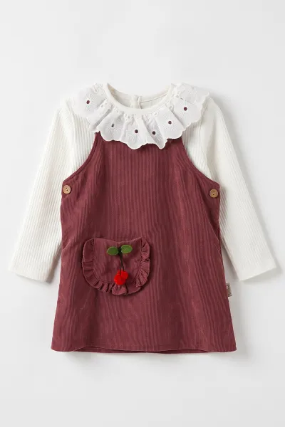 Mürdüm (1-5 Yaş) Fitilli Dantel Yaka Badili Kiraz Aksesuarlı Kadife Kız Çocuk Jile Takım 485062