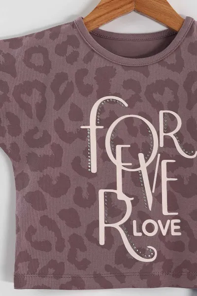 Mürdüm (1-5 Yaş) For Love Taş Baskılı  Tensel Pantolonlu Kız Çocuk Yazlık Takım 436639