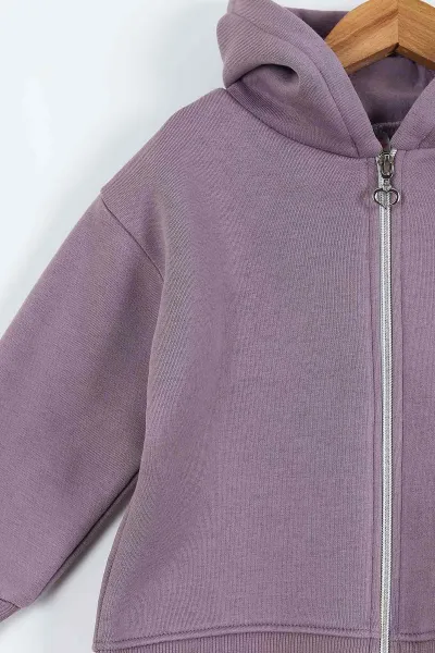 Mürdüm (1-5 Yaş) Kalp Baskılı Kapüşonlu ve Fermuarlı   Paça Lastikli 3 İp Şardonlu Kız Çocuk Kışlık Takım 408856