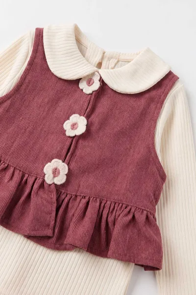 Mürdüm (1-5 Yaş)Üç Çiçek Nakışlı Kadife Yelek ve Pantolonlu Bebe Yaka Fitilli Badili  Kız Çocuk 3'lü Takım 496015